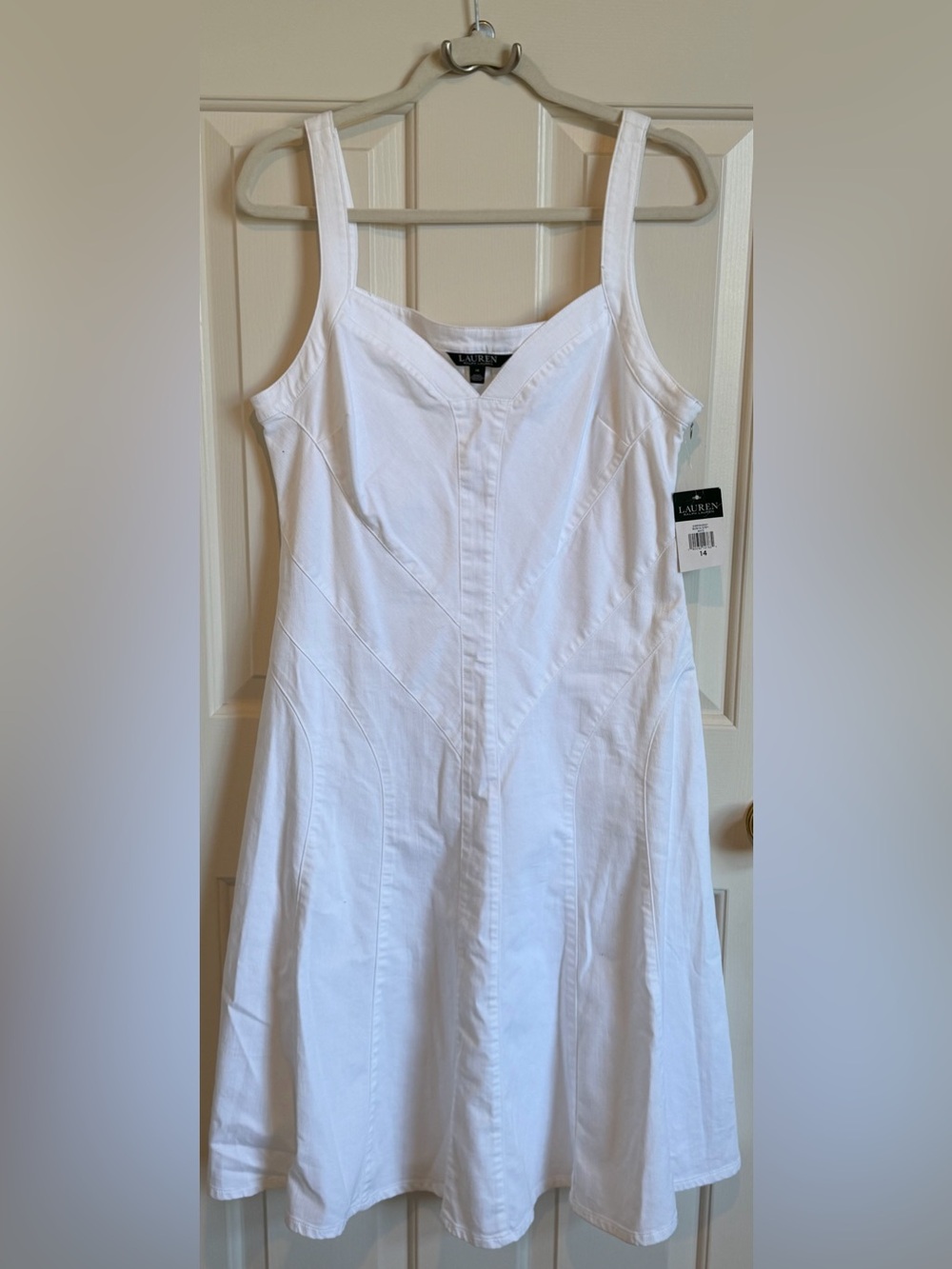 NWT Lauren Ralph Lauren White Sleeveless A-Line Stretchy Denim Dress Size 14
